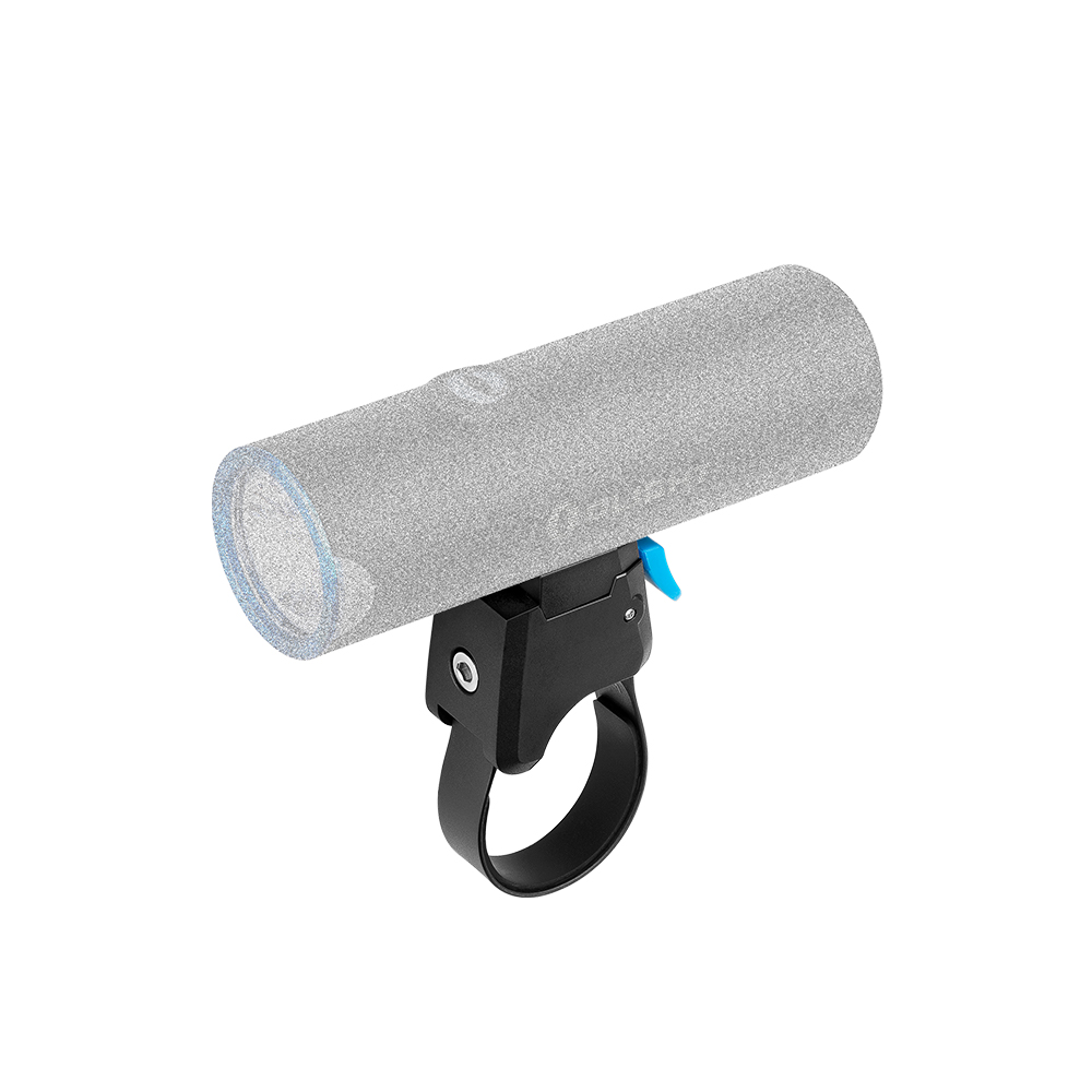 Support de cintre noir pour éclairage de vélo avec levier bleu de verrouillage rapide.