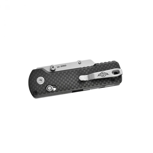 Olight U1 Pro couteau pliant noir, vue latérale avec manche en fibre de carbone et clip de poche. Idéal EDC.