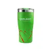 Gobelet isotherme Olight vert avec éclaboussures rouges et couvercle transparent sur fond blanc