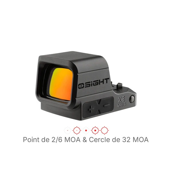 Viseur point rouge Olight Osight XE noir avec réticule 2 et 6 MOA et cercle 32 MOA pour tir de précision.