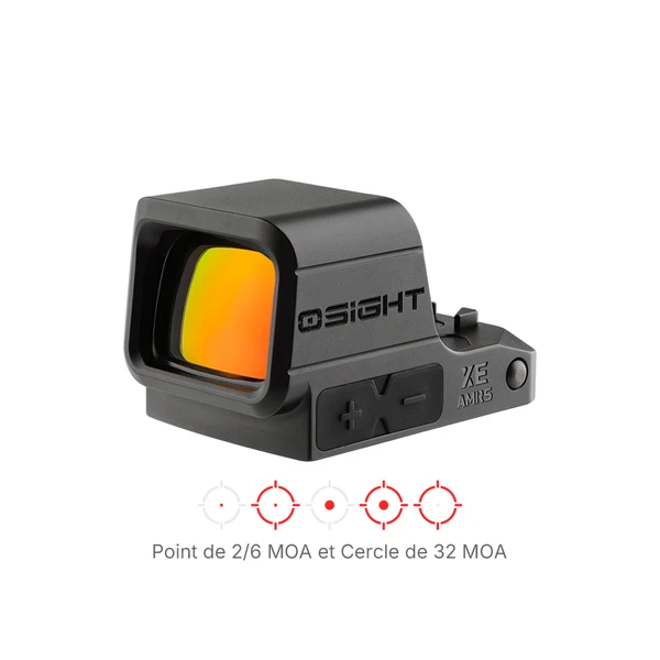 Viseur point rouge Olight Osight XE noir vue de profil avec options de réticule point 2/6 MOA et cercle 32 MOA pour tir de précision