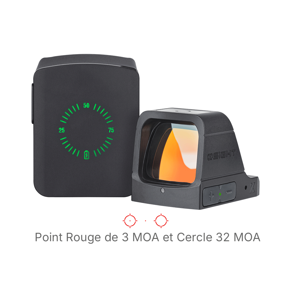 Viseur point rouge Osight Olight avec boîtier de recharge et indicateur de batterie vert.