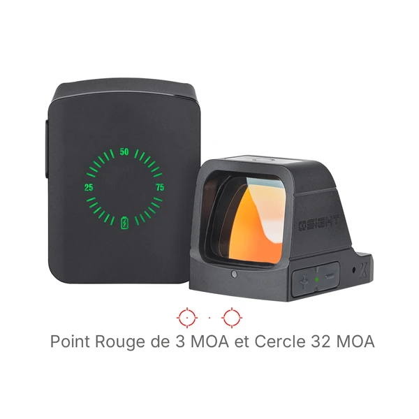 Viseur point rouge Osight Olight avec boîtier de recharge et indicateur de batterie vert.