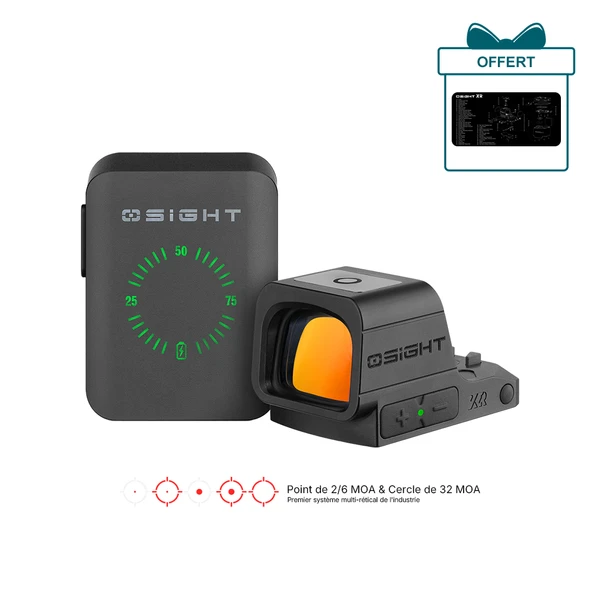 Viseur point rouge Olight Osight XR noir avec boîtier de charge et multi-réticule pour une visée de précision.