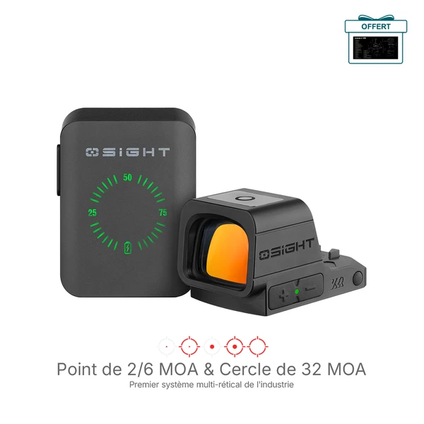 Viseur point rouge Olight Osight XR noir avec boîtier de charge et multi-réticule 2/6 MOA pour tir de précision.