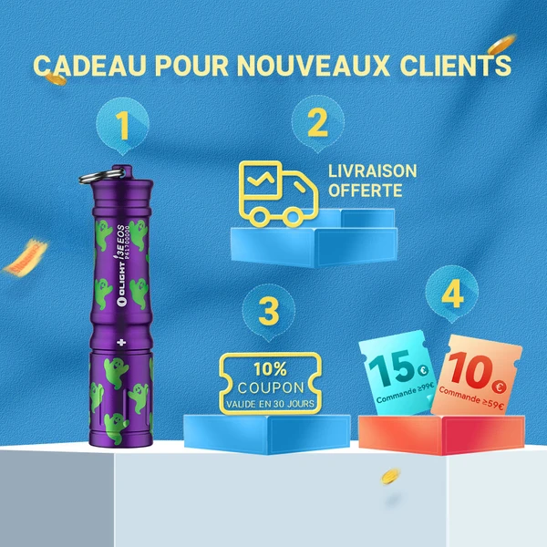 Cadeaux de bienvenue: lampe torche Olight violette, livraison gratuite, coupon 10%, 15€, 10€ pour les nouvelles commandes.