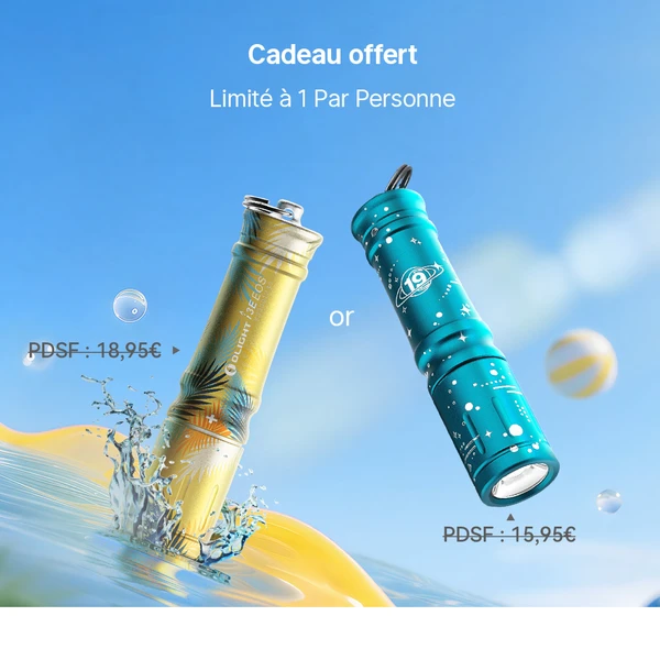 Mini lampe torche Olight I3E jaune et bleue en cadeau sur fond estival aquatique pour le camping et le quotidien