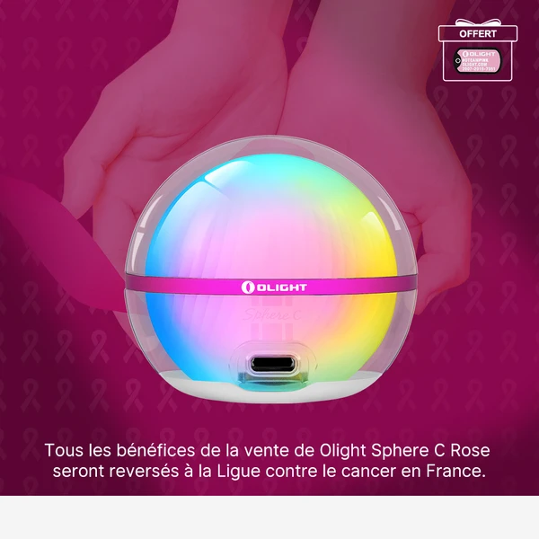 Lanterne multicolore Olight Sphere C rose solidaire contre le cancer du sein avec fond de rubans roses.