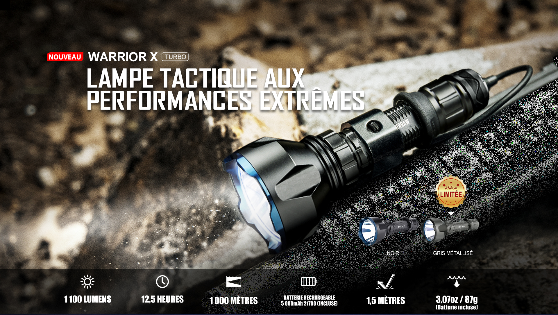Lampe torche militaire puissante de 1100 lumens